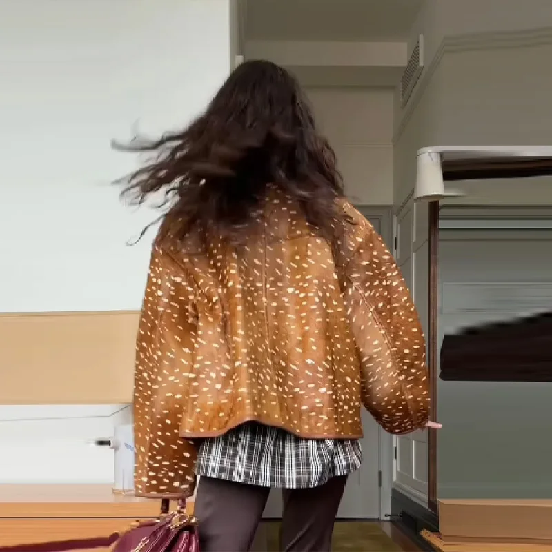 Chaqueta Elegante con Estampado de Animalitos para Mujer, Solapa, Manga Larga, Abrigo Cálido, Estilo Casual para Exteriores, Ropa de Calle, Novedad 2026