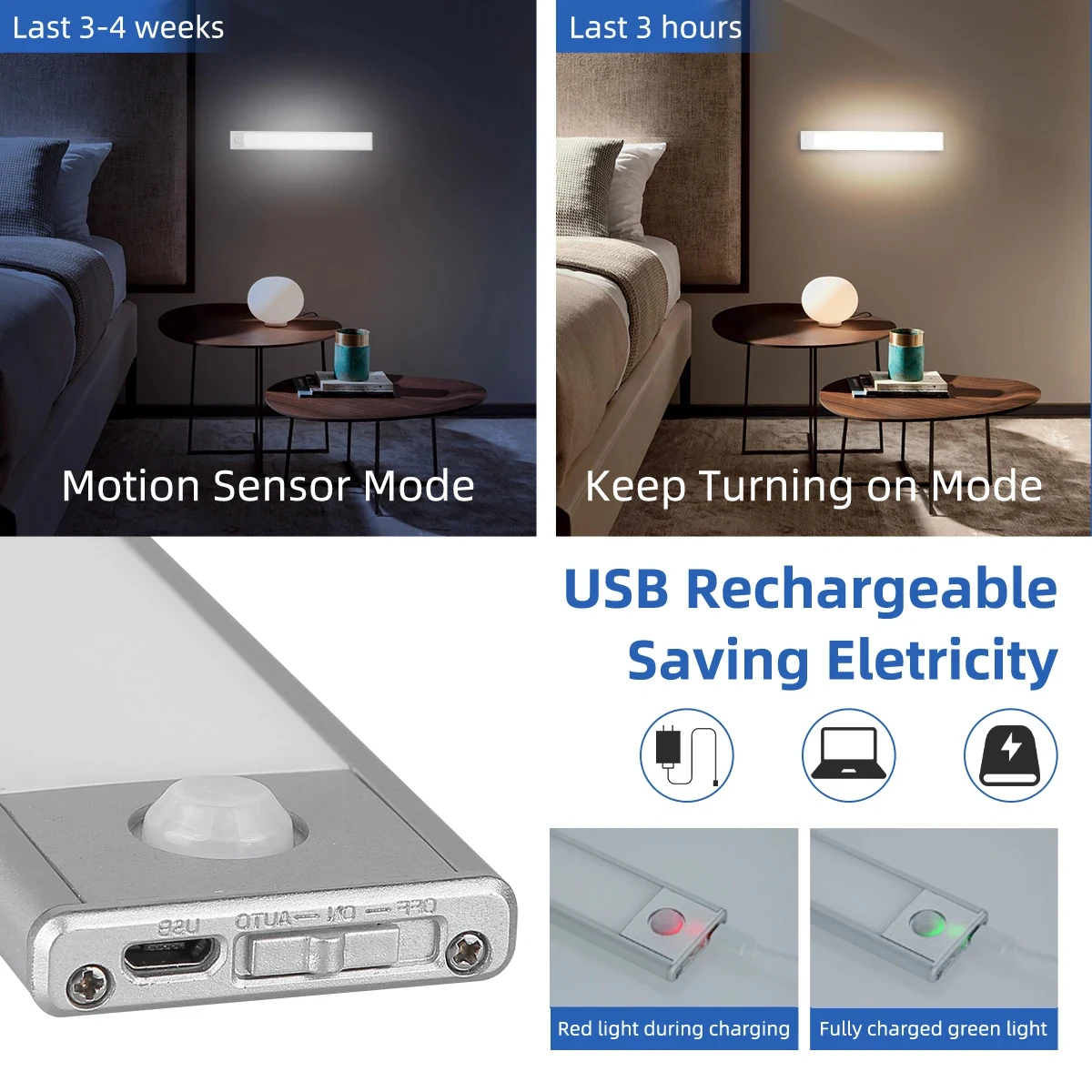 Luces de armario con Sensor de movimiento, luz LED nocturna regulable, tubo de luz Led recargable por USB inalámbrico para armario, lámpara de noche de 3 colores