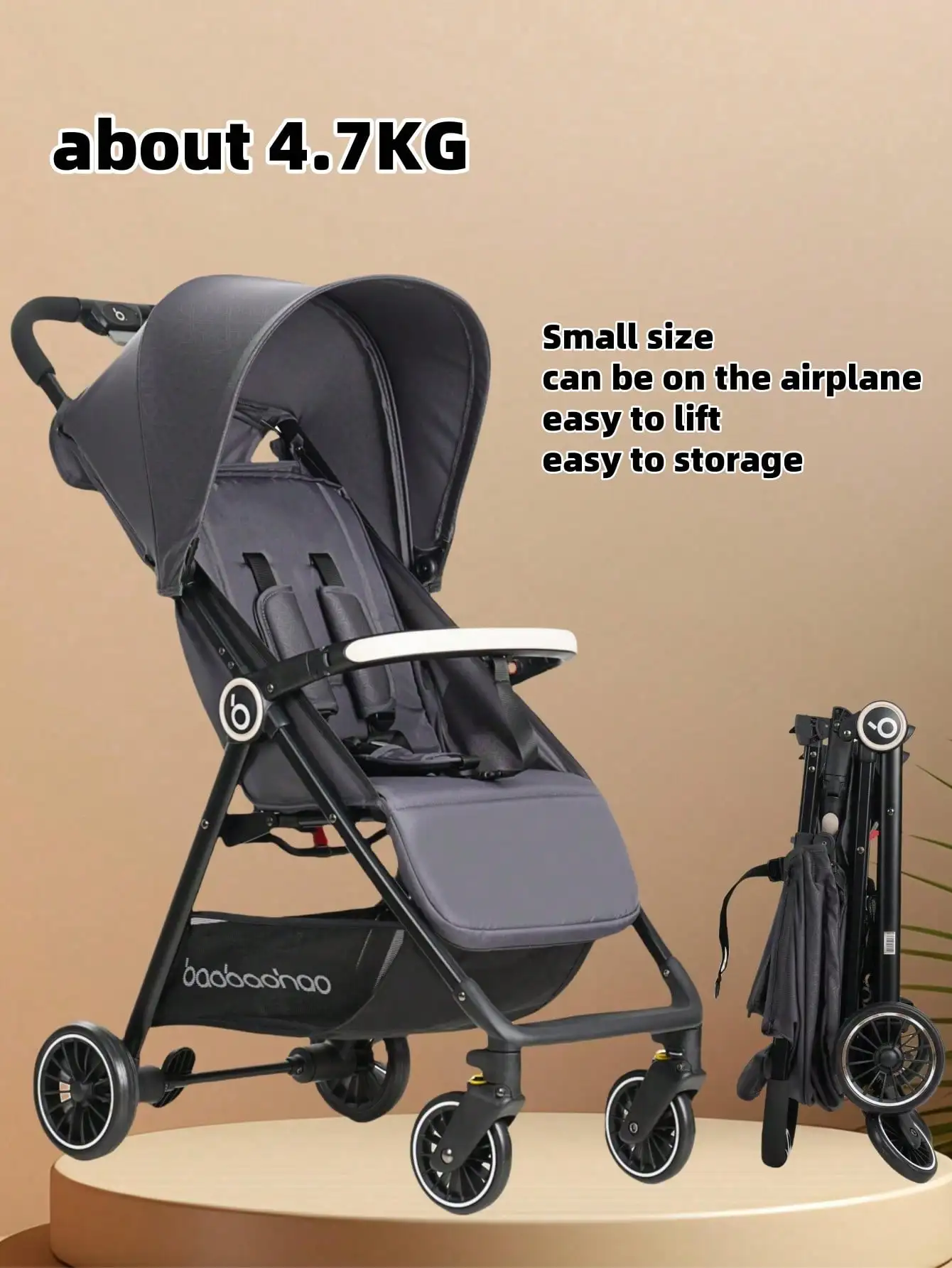 Cochecito de bebé ligero de color negro, de 4,7 kg, portátil y adecuado para usar en aviones, trenes, coches, en casa y en el trabajo. Cochecito de viaje práctico.