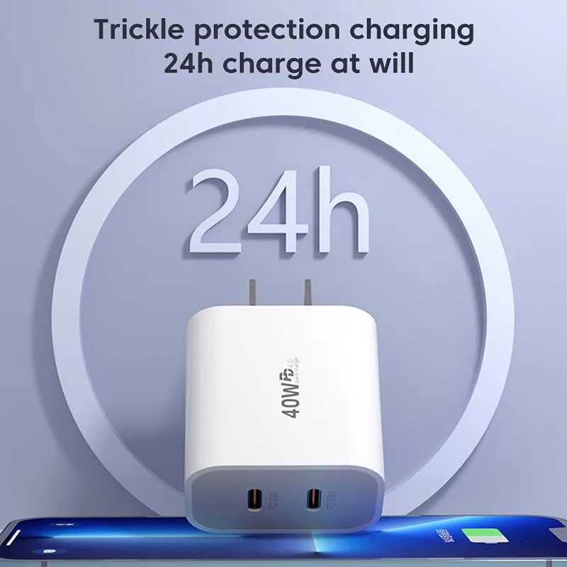 Cargador rápido de 40W tipo C adaptador de cargador de carga rápida PD de doble puerto para iPhone 15 14 Samsung S23 Xiaomi 10A Cable USB C a USB C