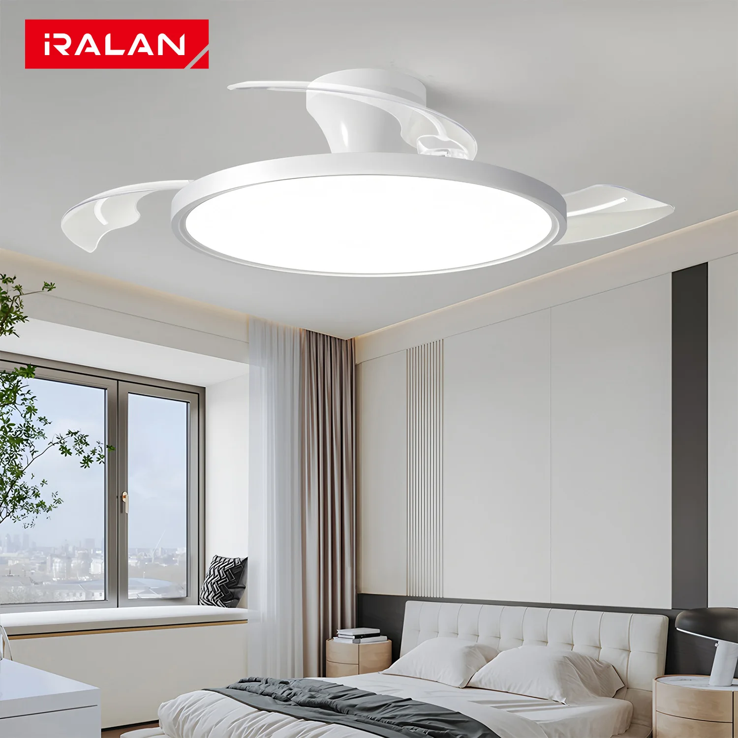 Ventilador de techo moderno e invisible IRALAN con luz LED, motor de corriente continua, gran capacidad de ventilación y control remoto, ideal para dormitorios y comedores.