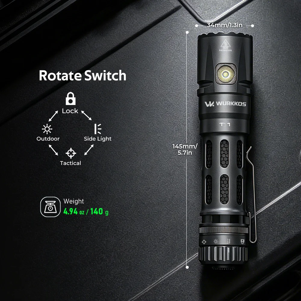 Linterna Táctica LED Wurkkos T1 5500Lm 4 Modos de Iluminación con Clip para Bolígrafo, Resistente al Agua, Recargable por USB, Luz Portátil de Alta Potencia