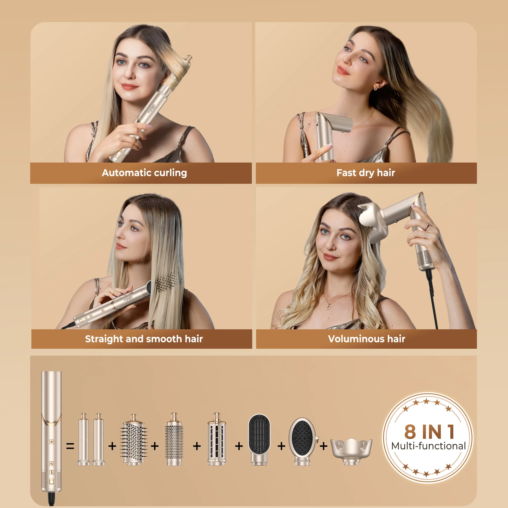 Secador de pelo 8 en 1, cepillo de alta velocidad sin escobillas, secador de pelo iónico negativo, cepillo para calentar el cabello, peine de estilismo de aire caliente, rizo de cabello automático