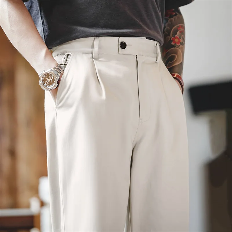 Maden-pantalones de caballero Vintage para mujer, Pantalón ancho recto con botones de París, moda coreana, 100% algodón, sólido, traje de trabajo