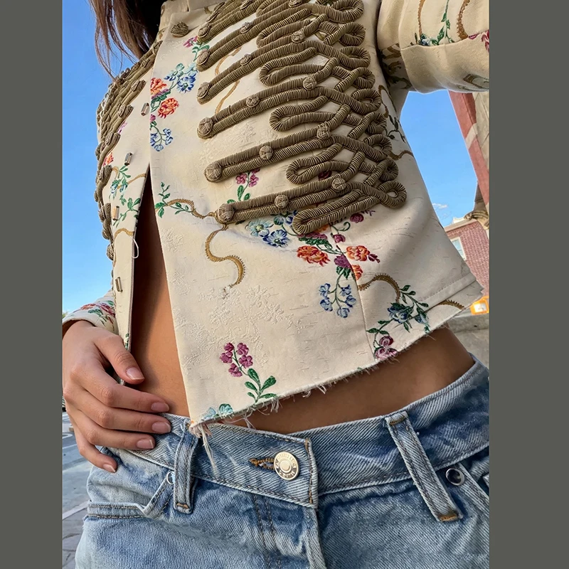 Chaqueta Militar Corta con Estampado Floral Vintage para Mujer, Cuello Alto, Adornos Trenzados, Estilo Real, Blazer Urbano