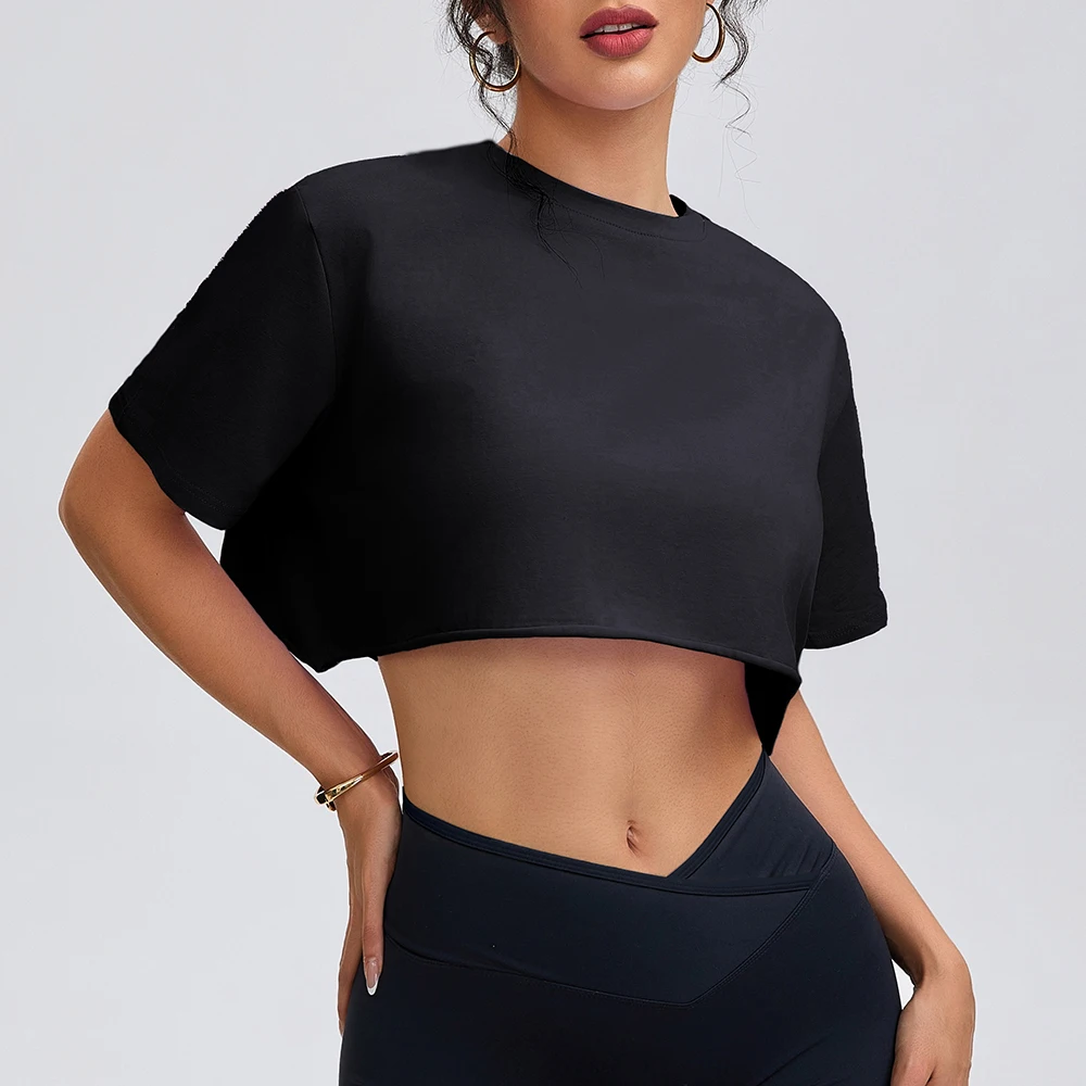 Anfilia, camisas de Yoga a la moda para mujer, holgadas, con cuello redondo, mangas cortas, 95% algodón, transpirables, para gimnasio, Fitness, Tops cortos para correr