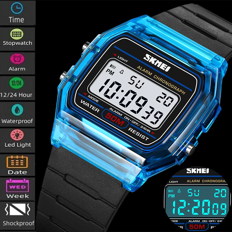 Skmei-relojes digitales para mujer, correa de TPU transparente, Led, resistente al agua, reloj de pulsera deportivo para natación, reloj despertador femenino
