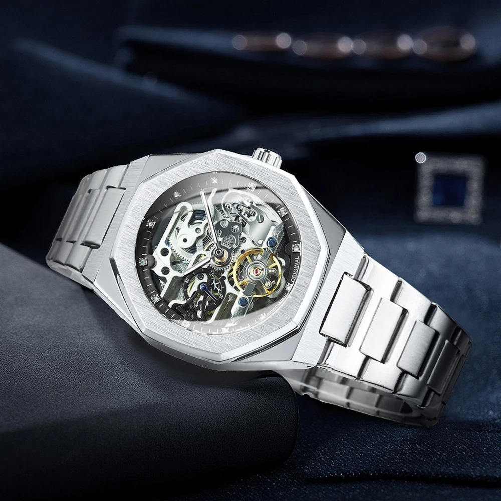 Reloj Mecánico Automático Informal Forsining para Hombre, Manecillas Luminosas, Correa de Acero Inoxidable, Reloj de Pulsera de Lujo con Esqueleto