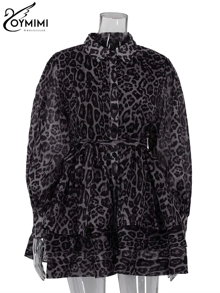 Oymimi moda marrón estampado de leopardo vestido de mujer elegante manga larga Buton vestidos con cordones Casual volantes en cascada Mini vestidos