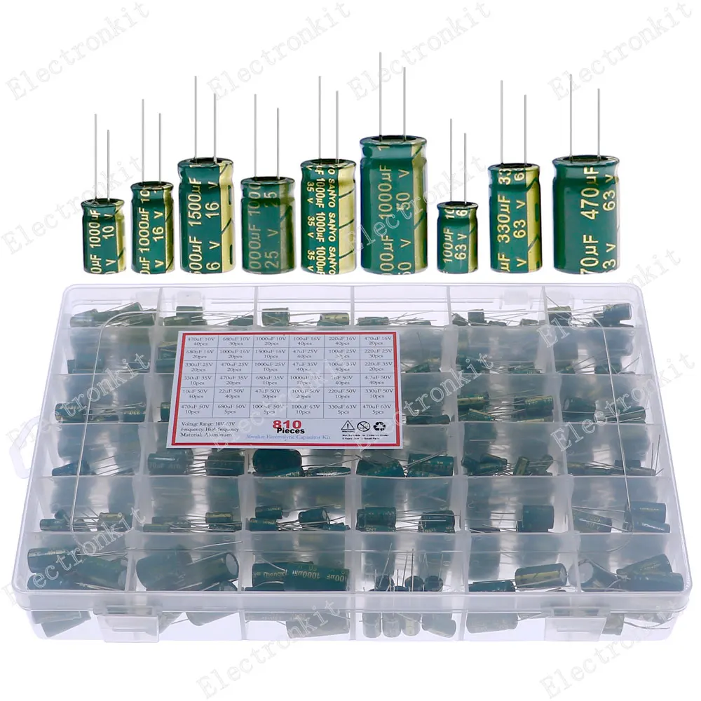 Juego de condensadores electrolíticos de aluminio, 810 Uds., 36 tipos, 10V-63V, 1uF-1500uF, Kit surtido, caja de almacenamiento de alta frecuencia y baja ESR con caja