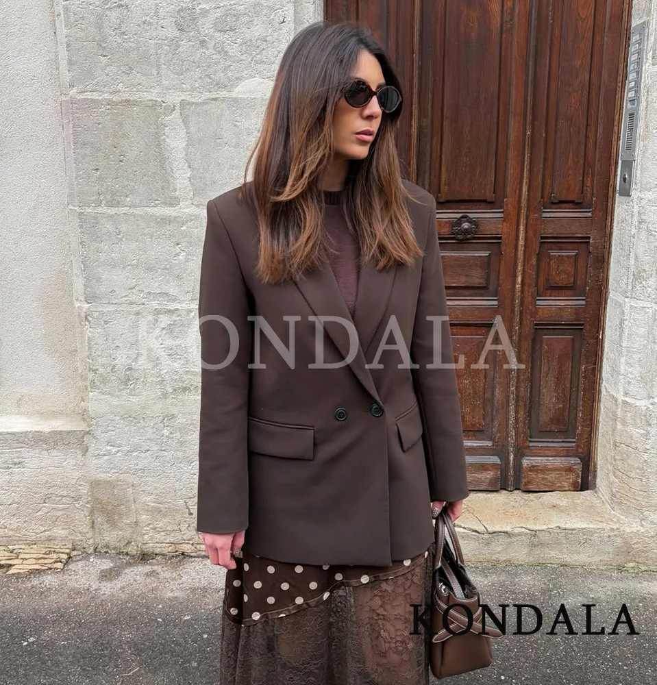 KONDALA elegante chaqueta cruzada para ir al trabajo para mujer, chaqueta Vintage con botones marrones, chaqueta de oficina a la moda para primavera y verano 2026