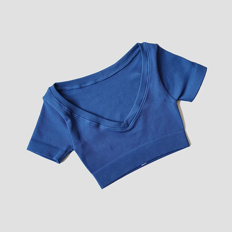 Tops sin costuras para mujer, camisas de Yoga de manga corta con cuello de pico profundo, Top corto de Fitness, camisas de Yoga para mujer, ropa deportiva para gimnasio