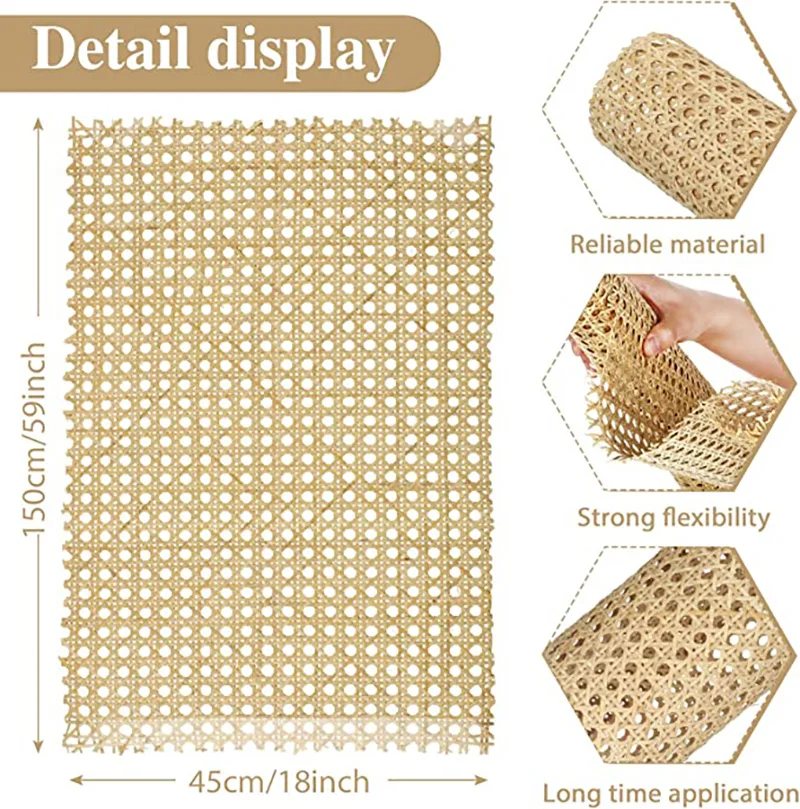 Bastón de rejilla abierta tejida con cinta tejida de ratán de 45x350cm de ancho para muebles, gabinetes, sillas y techo