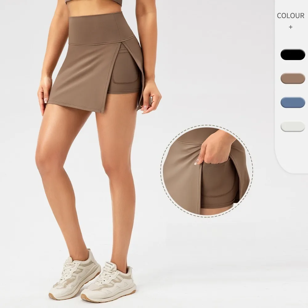 Falda pantalón deportiva 2 en 1 de secado rápido para mujer, cintura alta, abertura lateral, antiexposición, para yoga, fitness y running