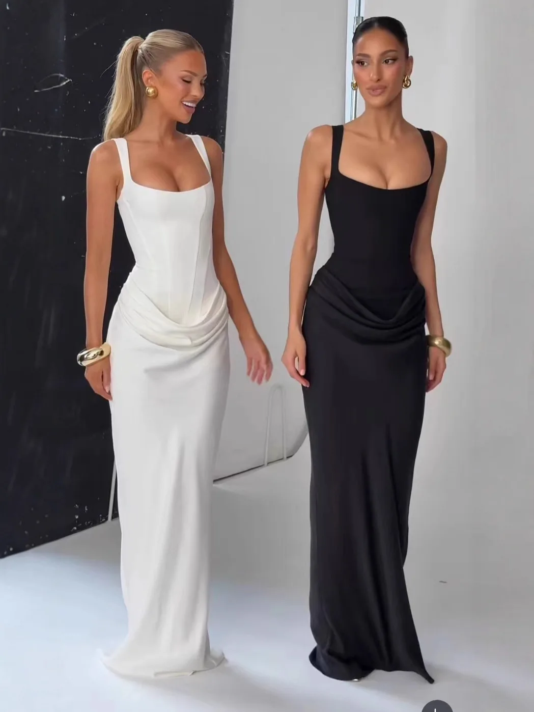 CHNMR Vestido largo sexy con espalda descubierta y fruncido para mujer, cuello en U, sin mangas, ajustado, negro, vestido largo de noche para fiesta