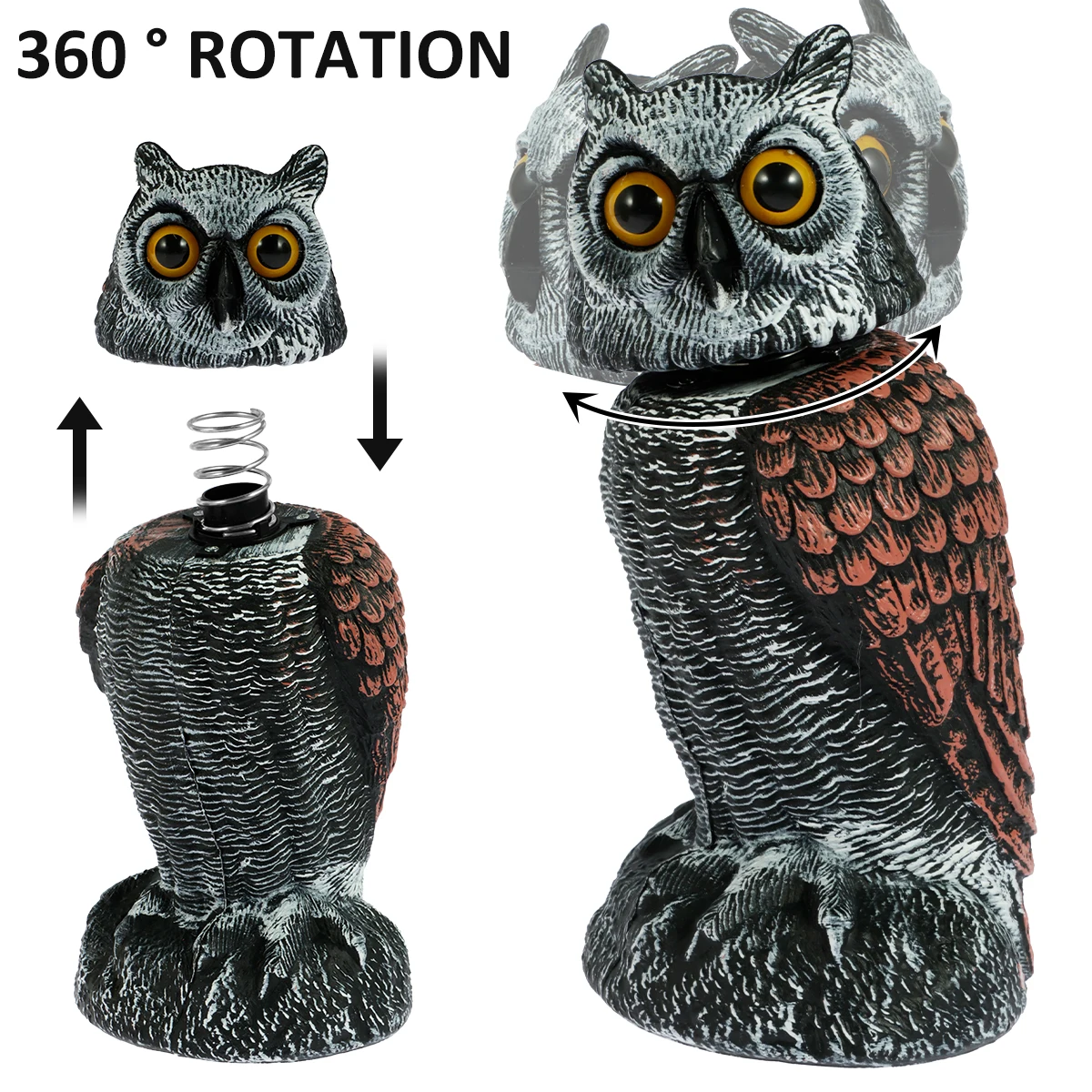 Dispositivos de control de aves Owl Spare con 360 °   Cabeza giratoria impermeable búho falso espantapájaros señuelo simulación realista búho pájaro disuasivo
