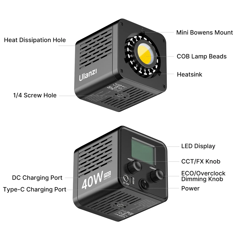 Ulanzi L023 40W Pro Luz de vídeo Luz COB bicolor Mini luz de vídeo de montaje Bowens 3400mAh 2500K-6500K con puerto DC y tipo C