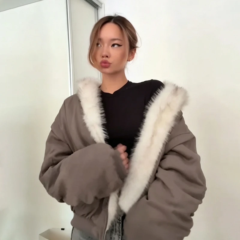 Chaqueta Reversible de Piel Sintética para Mujer, Abrigo Acolchado Oversize con Capucha y Ribete de Piel Cálida, Mangas Murciélago, Cremallera, Holgado, Ropa Exterior de Invierno para Dama