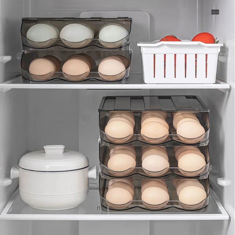 Caja de almacenamiento de huevos deslizante automática, cajón transparente, estante para huevos rodante apilable, cesta de soporte para bandeja de huevos, organizador de nevera de cocina