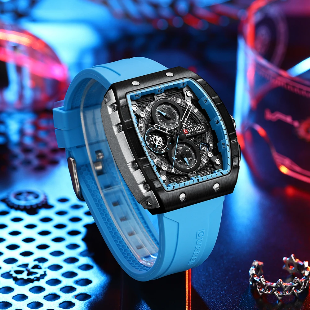 Reloj deportivo CURREN Tonneau con esfera para hombre, reloj de pulsera de cuarzo resistente al agua con fecha automática, correa de silicona amarilla luminosa