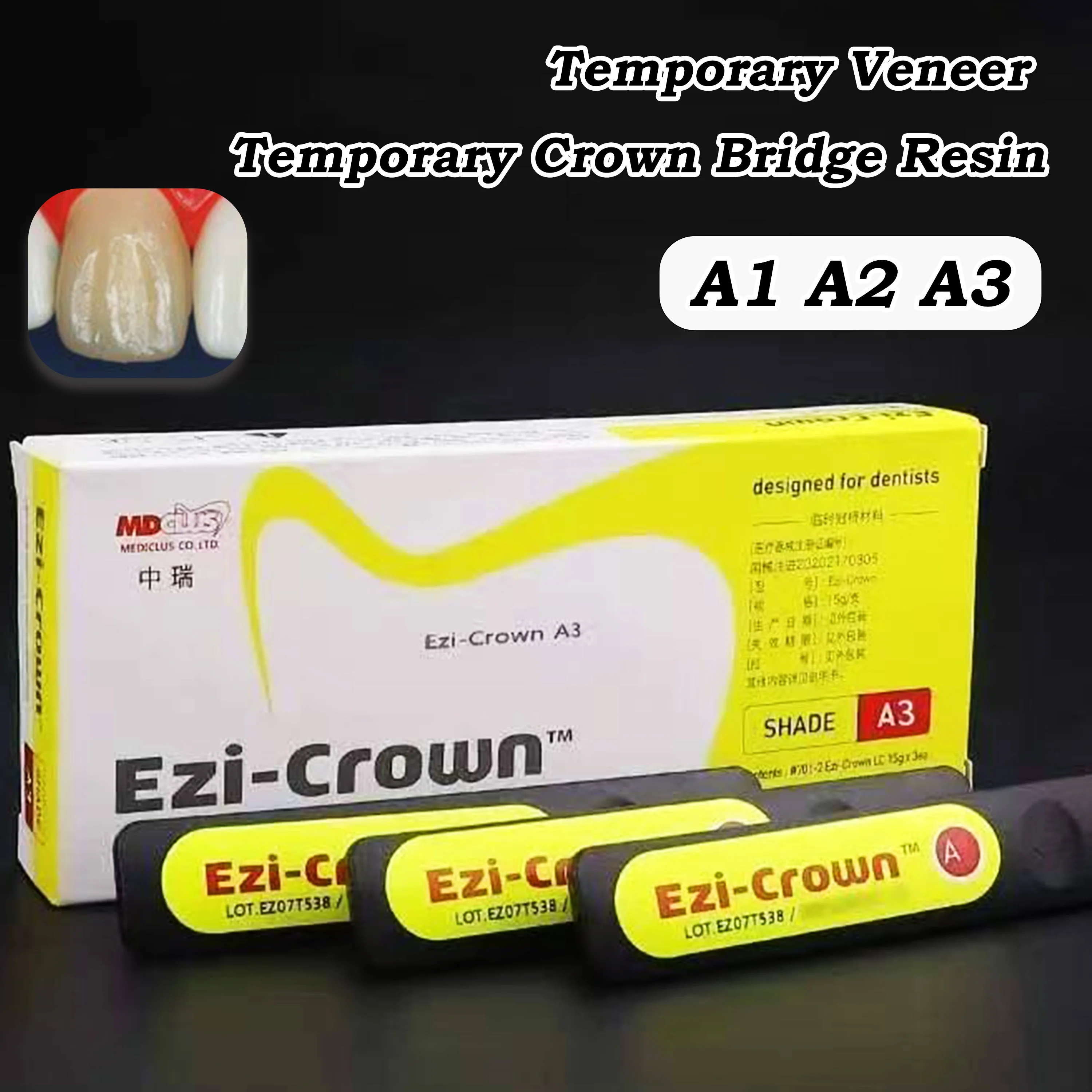 Resina Dental Ezi-Crown de Fotopolimerización para Coronas Temporales y Puentes, Material Dental para Carillas/Inlays/Onlays A1/A2/A3
