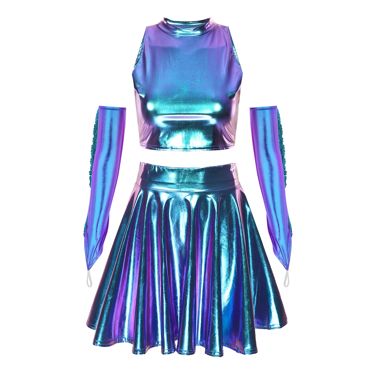 Traje de Danza Hip Hop y Jazz para Mujer, Chaleco Corto Metálico Brillante con Falda, Guantes con Lentejuelas y Flecos, Atuendo de Animadora, Ropa de Baile, Ropa de Club