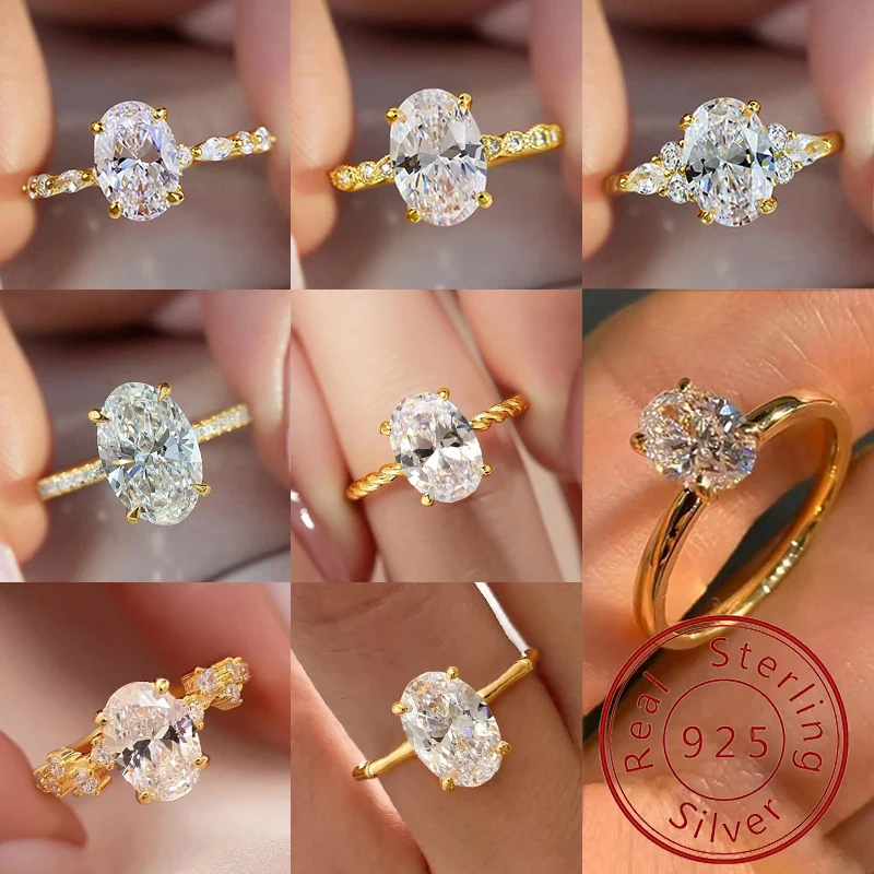 Anillo redondo ovalado dorado de Plata de Ley 925 con circonita para mujer, joyería fina de lujo de alta calidad para compromiso y boda