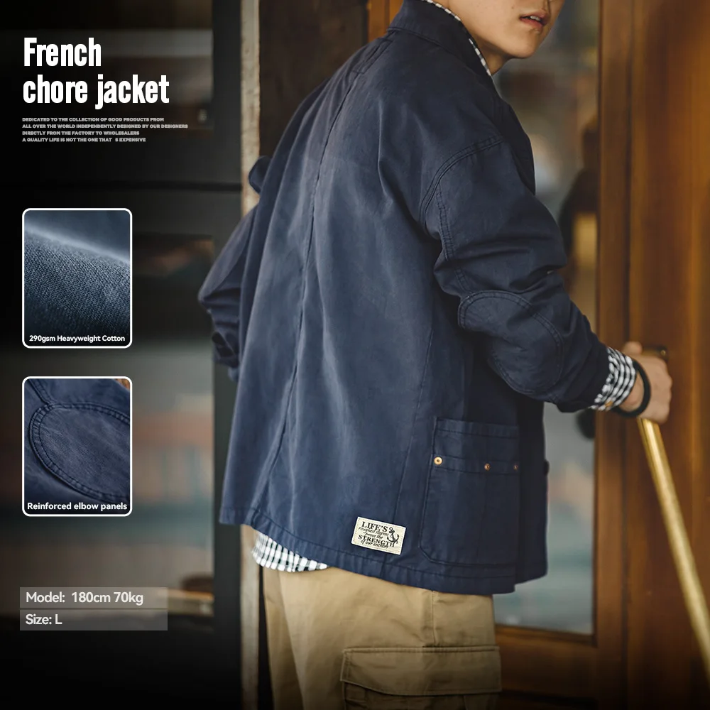 Maden Chaqueta masculina azul marino estilo cazadora Cuello vuelto asimétrico muchos bolsos Chaqueta casual de algodón Prenda exterior holgada Tamaño S-XXL