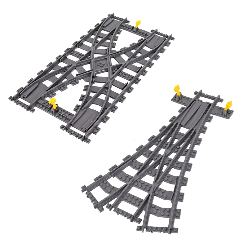 MOC-Juego de vías cruzadas de tren de ciudad para niños, interruptor Triple con espacio de perno, bloques de construcción, juguetes técnicos iluminados