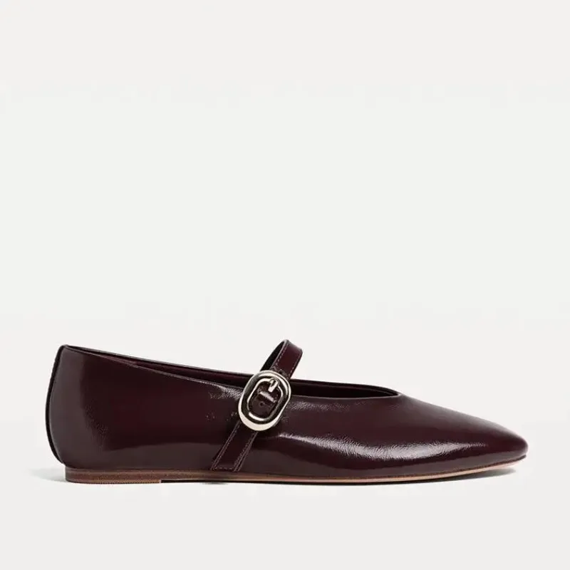Zapatos planos de cuero PU para mujer, zapatos Mary Jane elegantes con correa y hebilla roja, mocasines informales poco profundos para primavera y otoño