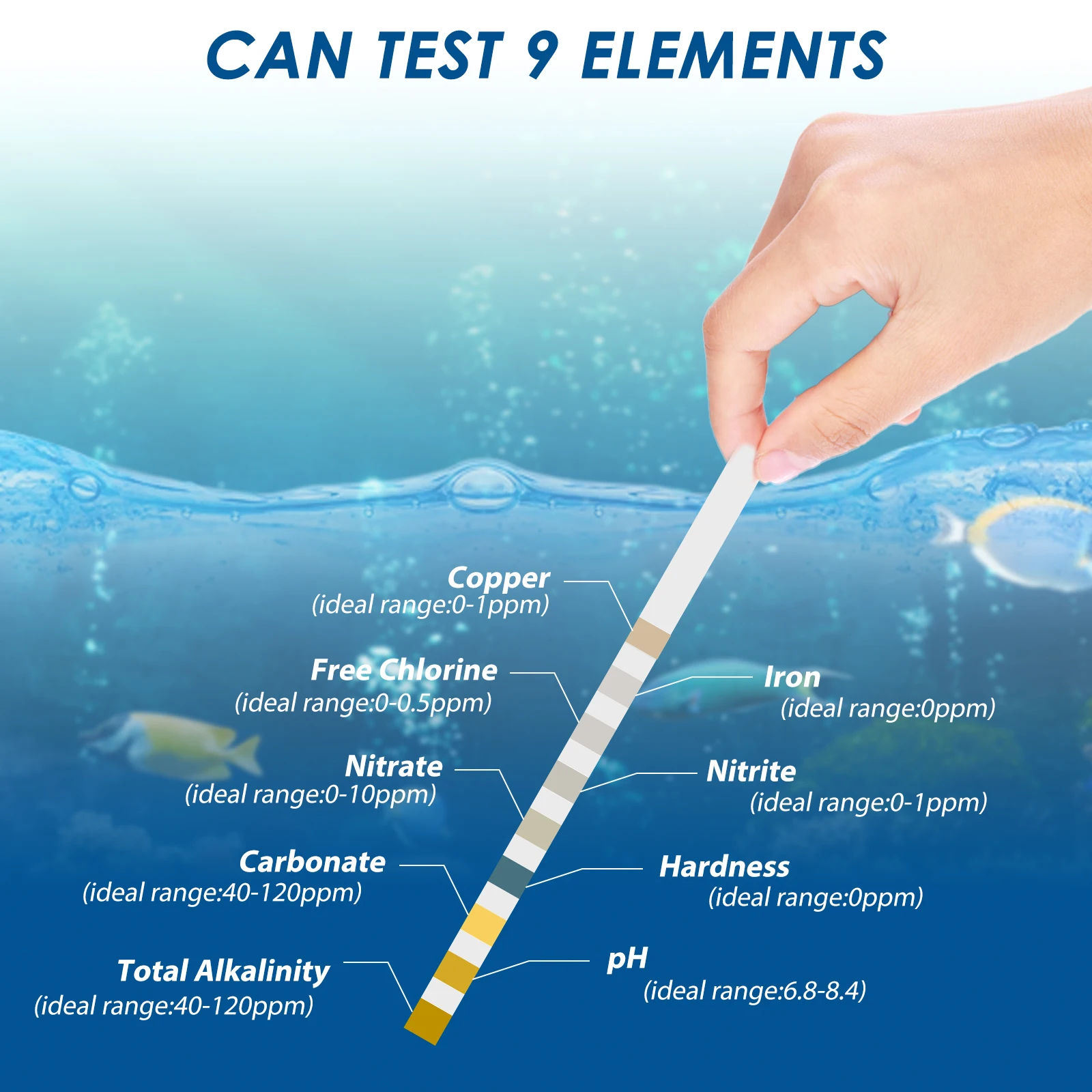 100 Uds tiras de prueba de acuario tira de prueba de calidad del agua 7/en1 Kit de prueba de tanque de peces agua dulce agua salada acuario tiras de prueba de pH