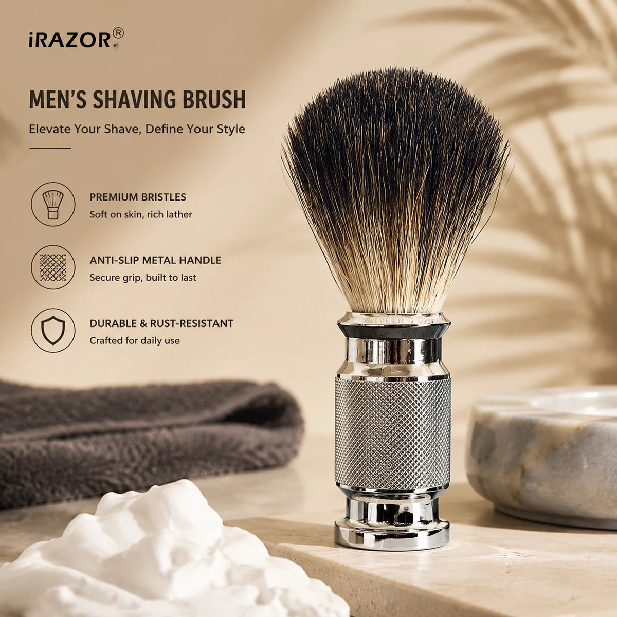 iRAZOR Brocha de Afeitar Mejorada con Mango Antideslizante, Cerdas Naturales, Kit de Aseo para Barbero, Regalo Único para Hombres