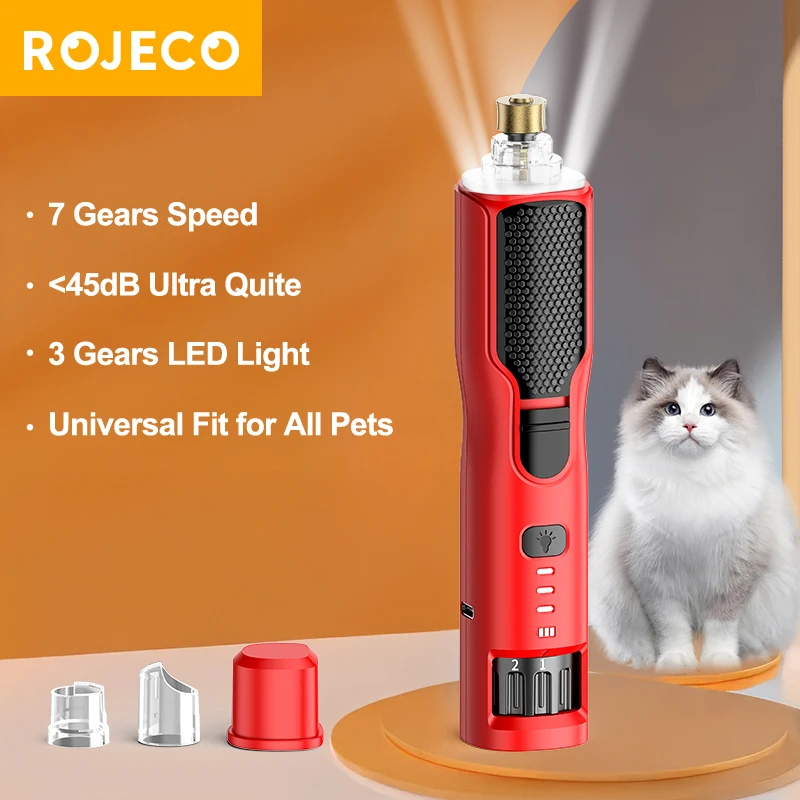 Cortauñas Eléctrico para Mascotas ROJECO, Recargable, con Luz LED, 7 Velocidades Ajustables, para Perros y Gatos