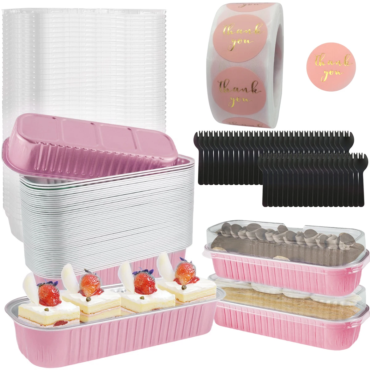 Juego de 50 Mini moldes para pan con tapas y cucharas, bandeja rectangular de papel de aluminio para hornear de 6,8 oz, Mini recipiente para pan, moldes para pasteles resistentes al calor