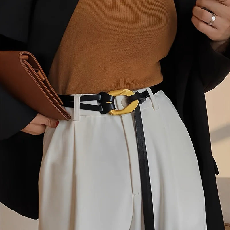 Cinturones de cuero genuino anudados con estilo, hebilla dorada, pretina de doble capa, faja de abrigo de vestido Vintage para mujer