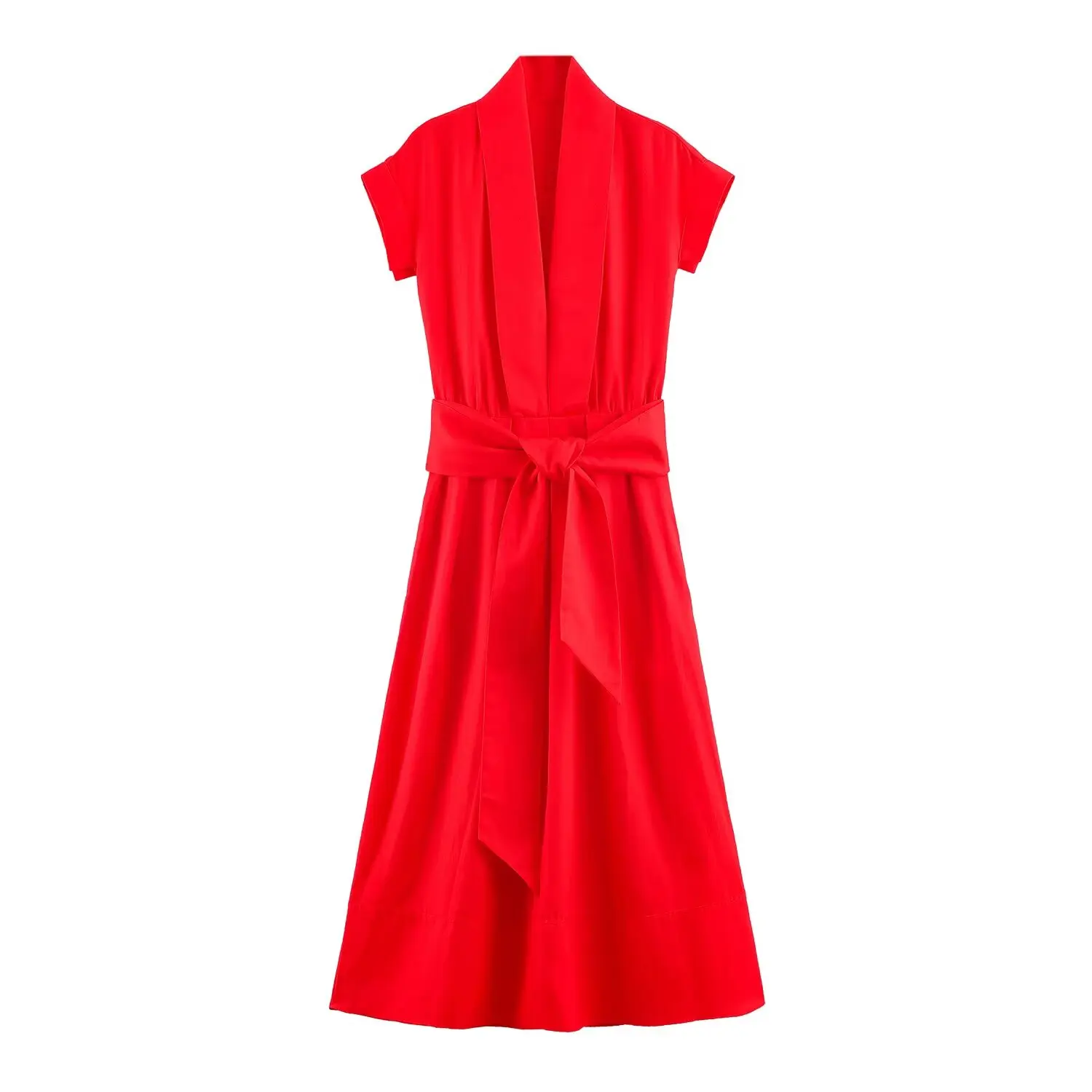 Vestido Midi BSAY 2026 para Mujer, Cuello en V, Manga Corta, Cinturón Ajustable, Estilo Camisero, Línea A, Color Sólido, Elegante, Casual de Verano, Largo