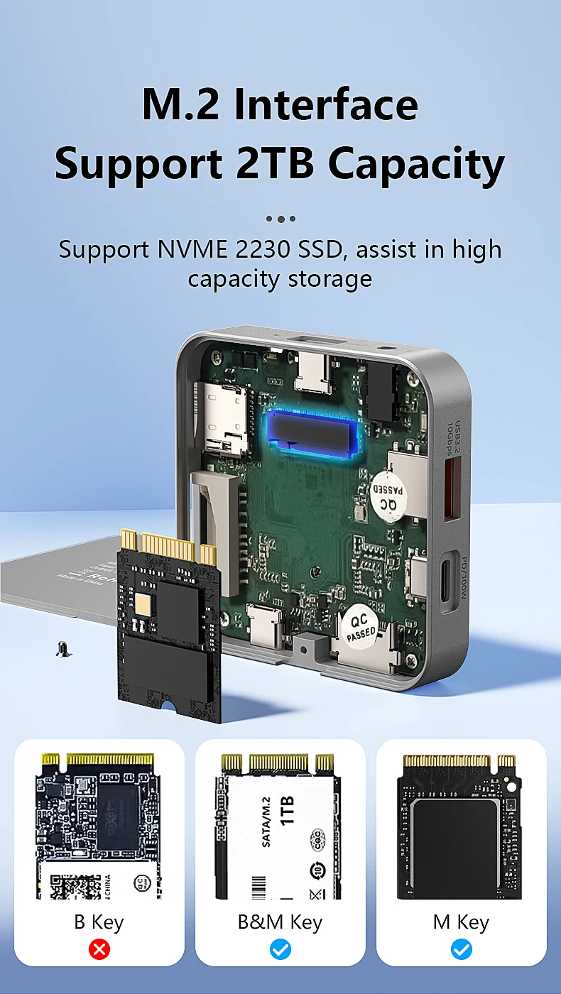 Blueendless multifuncional 8 en 1 M.2 NVME SSD estación de acoplamiento USB3.1 10Gbps 100W PD 4K60HZ HDTV caja magnética M.2 SSD