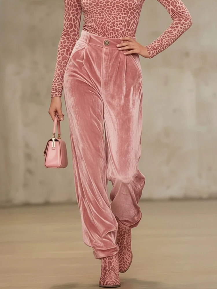Pantalones de Terciopelo Rosa de Cintura Alta para Mujer Bonboho, Pantalones Largos Holgados con Botones, Pantalones Plisados Elegantes 2026, Prendas Inferiores a Juego