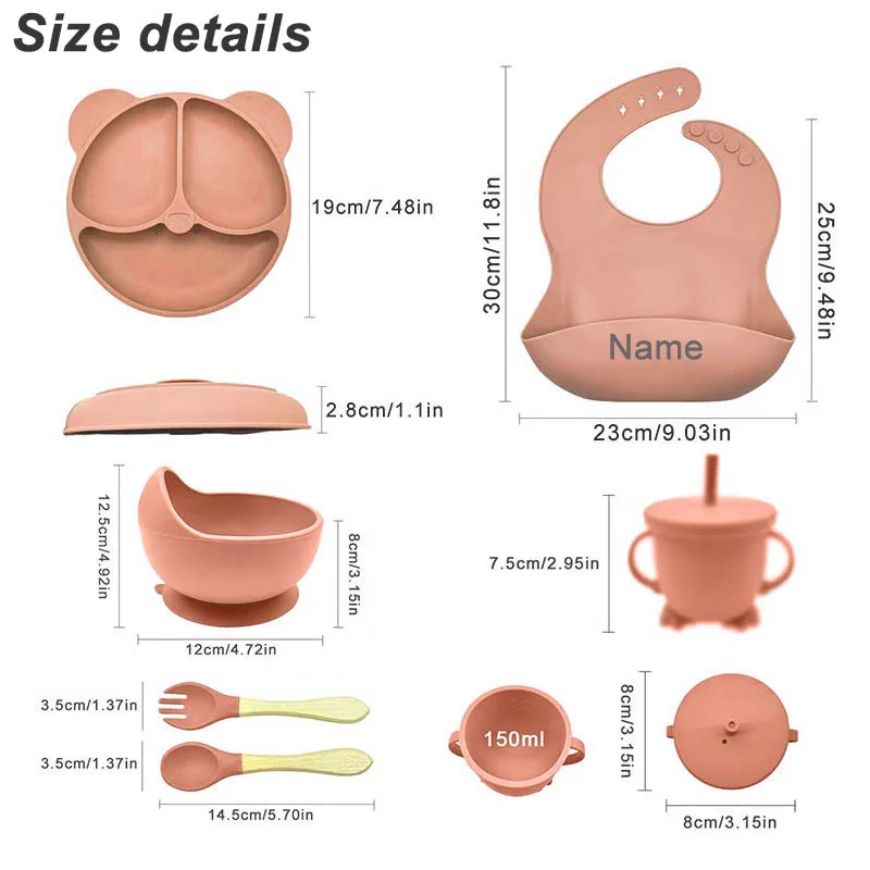 Juegos de platos de alimentación de bebé, tazón de succión, plato de silicona para niños, vajilla para niños de 6 uds., platos de cena con nombre personalizado, tazas, cuchara