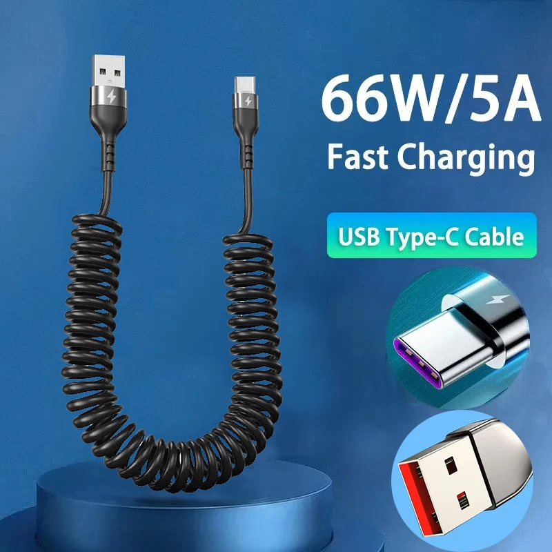 USB tipo C 66W coche 5A carga rápida tipo C a tipo C Cable telescópico de resorte para iPhone 15 Samsung Huawei Xiaomi Redmi OnePlus