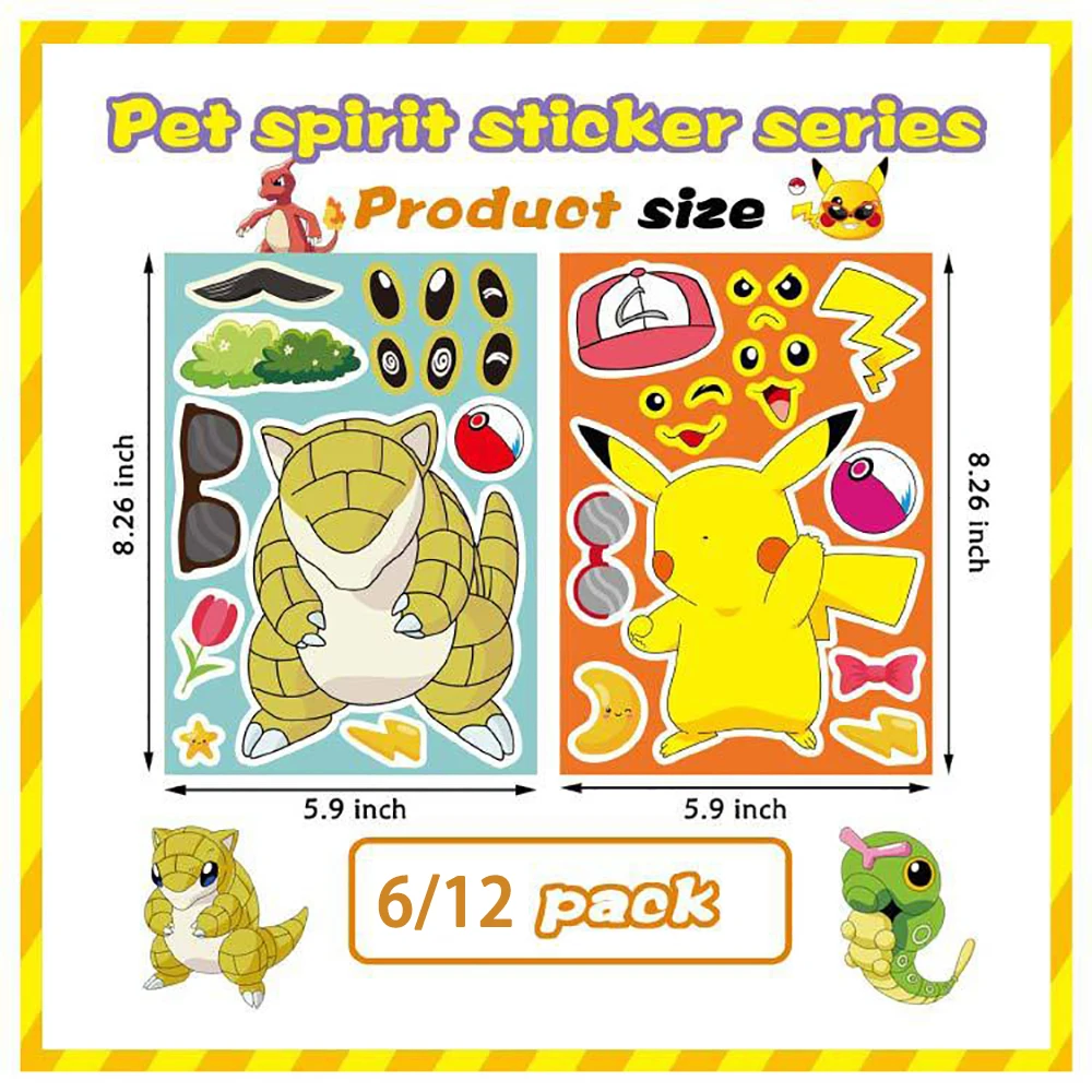 6/12 hojas de rompecabezas de Pokémon para niños, pegatinas de Anime para hacer una cara, montar calcomanías divertidas de dibujos animados, rompecabezas para niños, juguete para regalo