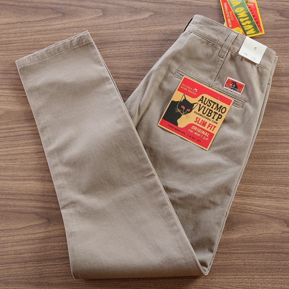 2025 primavera otoño nuevos pantalones de conducción tejidos de sarga Retro americano pantalones casuales rectos Chino lavados de algodón 100% simples para hombres