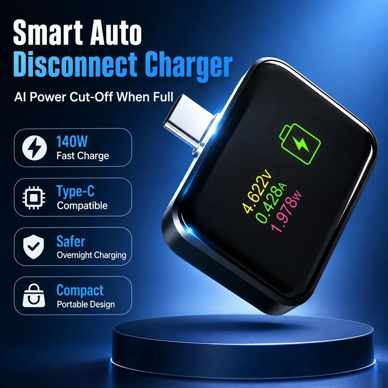 Adaptador de Carga con Parada Automática KEBIDUMEI 140W, Carga Rápida Tipo C, Protector de Desconexión de Carga Completa, Protección Contra Sobrecarga para Teléfono