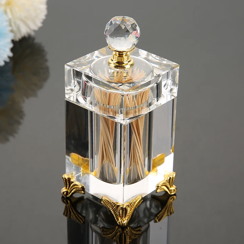 Caja de palillos de dientes de cristal alta nórdica con tapa, recipiente de almacenamiento para mesa de comedor, hisopo de algodón transparente ámbar de lujo