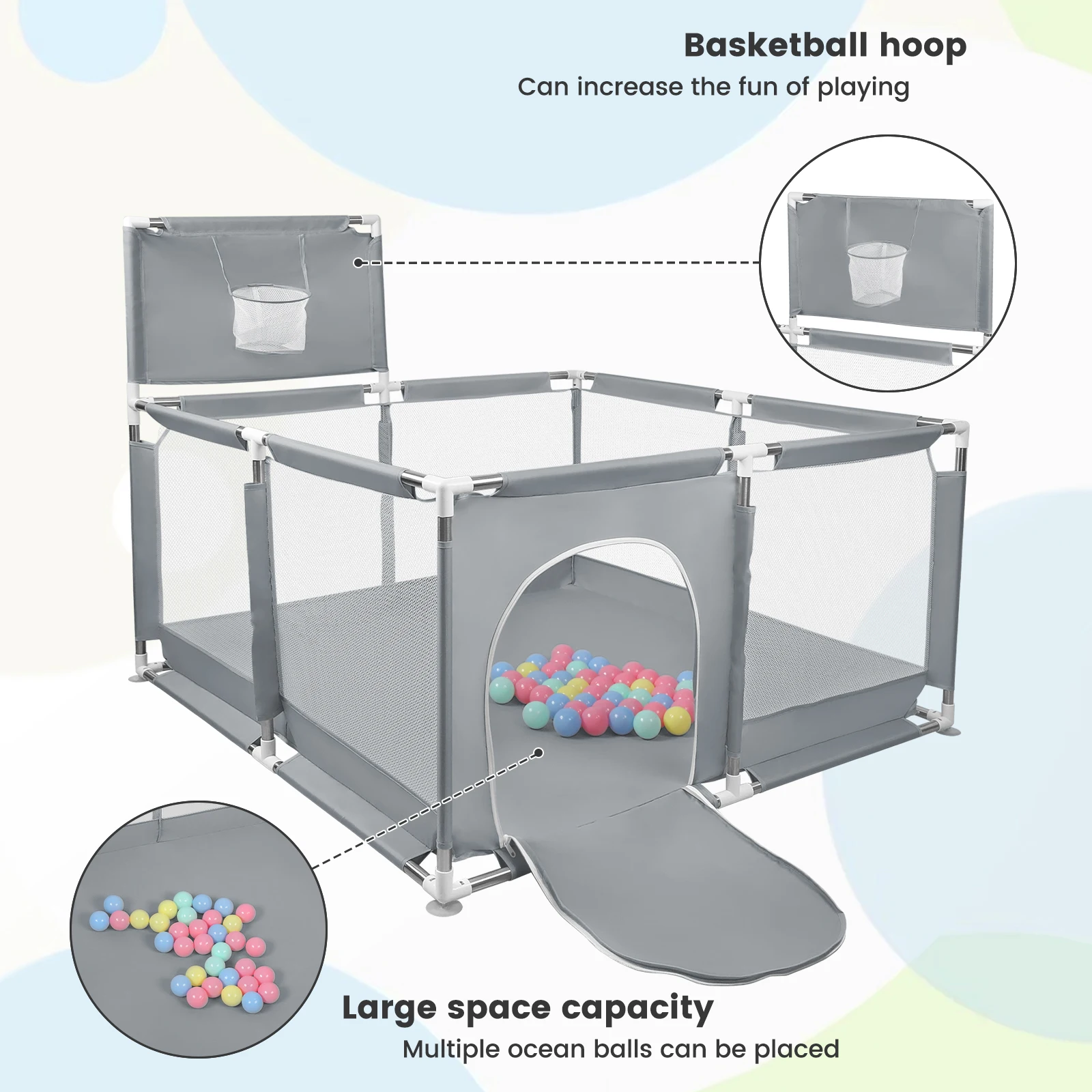 Corralito para bebés, corralito infantil, piscina de pelotas para bebés, con canasta de baloncesto, 126x126x66cm y como ayuda para caminar.