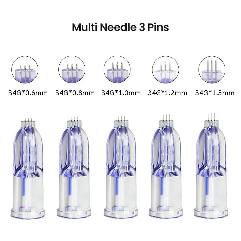 Aguja Nano Estéril Nanosoft 34G de 3 Pines, 0.6mm, 0.8mm, 1.0mm, 1.2mm, 1.5mm, para Rejuvenecimiento de la Piel, Agujas Nano Suaves, Empaquetadas Individualmente