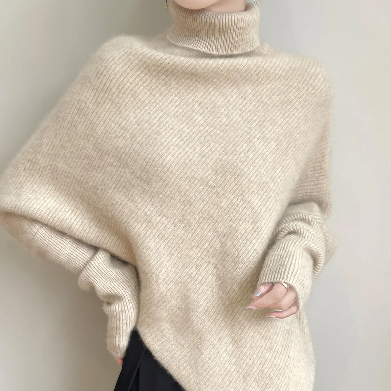 100% de lana merina para otoño e invierno, jersey con mangas de murciélago y cuello alto, prendas de punto de manga larga, Top cálido y elegante de Cachemira para mujer