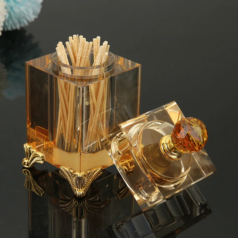 Caja de palillos de dientes de cristal alta nórdica con tapa, recipiente de almacenamiento para mesa de comedor, hisopo de algodón transparente ámbar de lujo