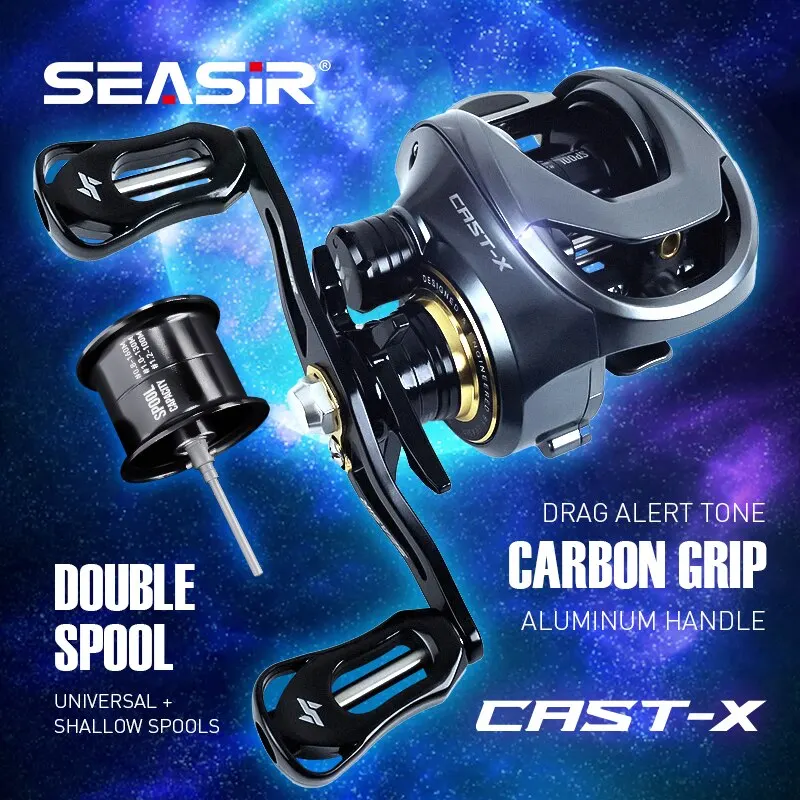 Carrete de pesca SEASIR Cast-X Baitcasting 7,3: 1 HS relación de engranaje doble carrete de aluminio agarre de carbono Metal BFS Micro bobina de pesca de agua de mar fresca