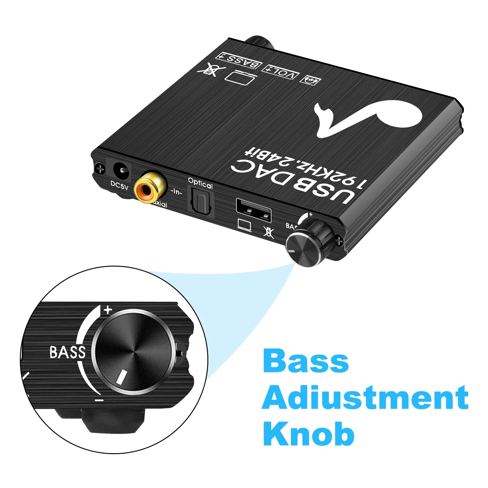 USB DAC 192kHz 24Bit Convertidor digital a analógico con control de graves y volumen Coaxial Toslink Estéreo L/R RCA